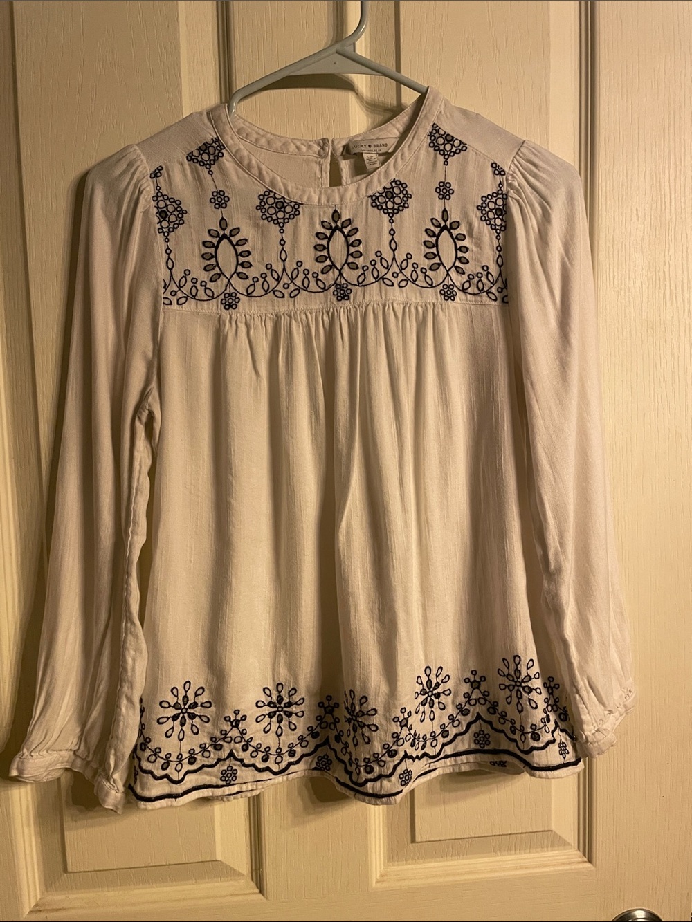 Lucky Brand White Blouse with Navy Floral Embroidery